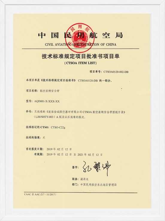 凌海金城CTSOA项目单-航空座椅清静带